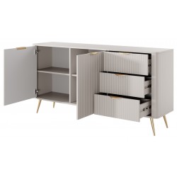 LENA Komoda nowoczesna 2D3S, ryflowana w kolorze beżowym na złotych nóżkach - Zdjęcie 2