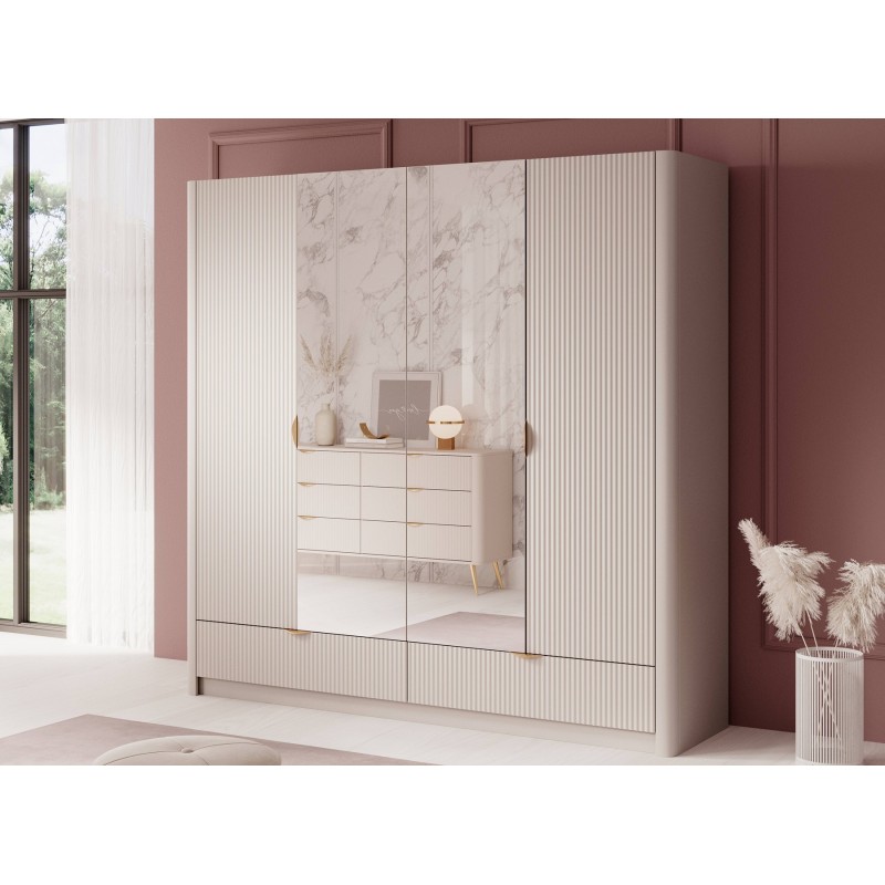 LENA Duża Ryflowana Szafa z lustrem, beżowa