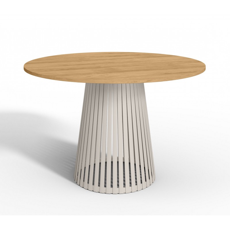 Stół VIV okrągły z lamelami do salonu, jadalni z metalową podstawą