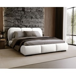 ROZA Łóżko tapicerowane z pojemnikiem na pościel w tkaninie boucle