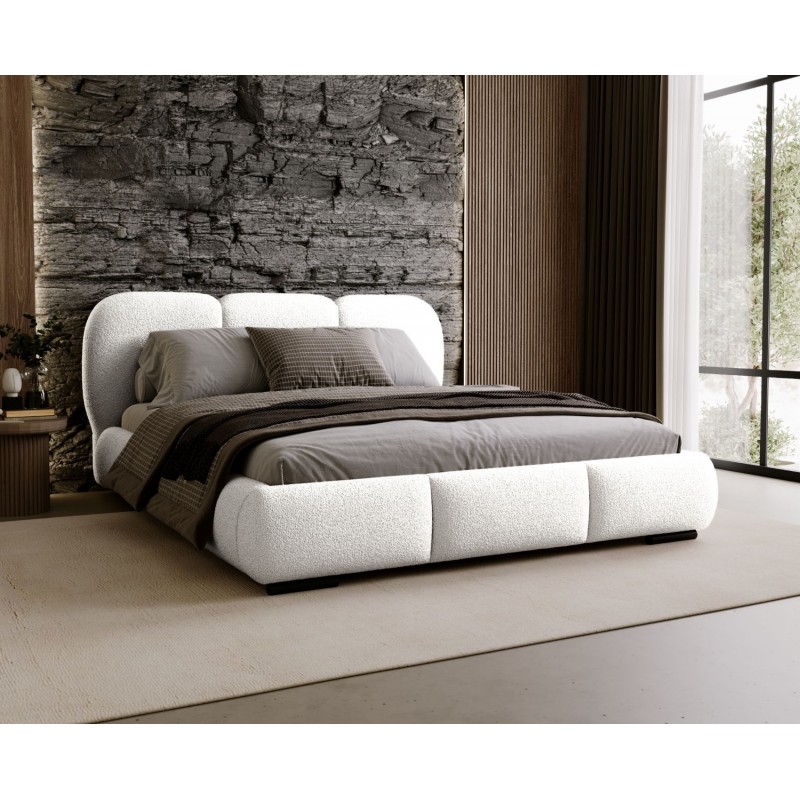 ROZA Łóżko tapicerowane z pojemnikiem na pościel w tkaninie boucle