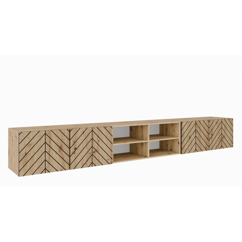 Szafka RTV IGO 300 cm, otwarta z półkami do salonu, jodełka