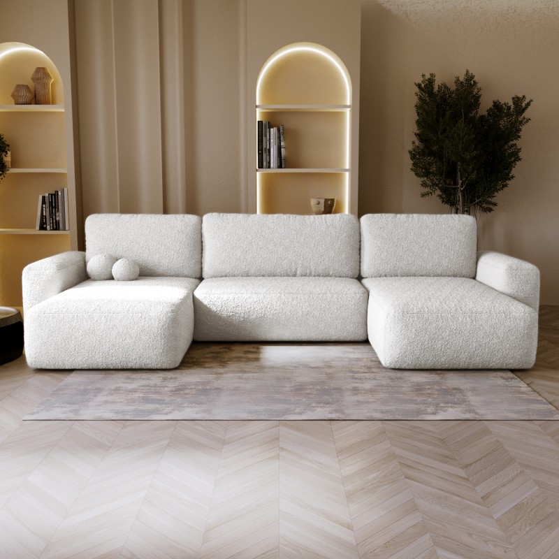 ILO Nowoczesny Narożnik w kształcie U z pojemnikiem na pościel i funkcja spania Boucle