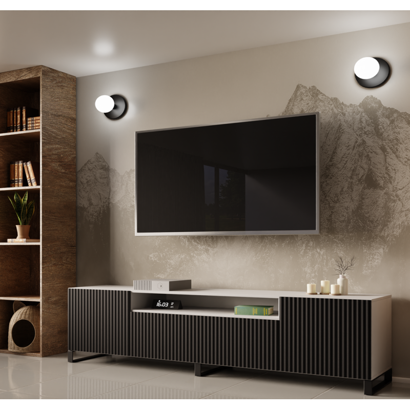 NOELI ryflowana szafka RTV stojąca, biało-czarna do salonu