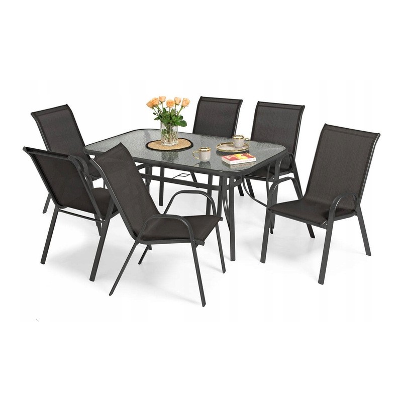 PUERTO zestaw ogrodowy stół + 6 krzeseł czarny