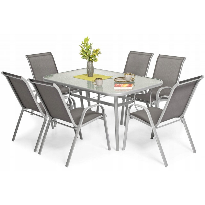 PUERTO zestaw ogrodowy stół + 6 krzeseł srebrny