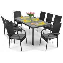 MALWA zestaw stół + krzesła z technorattanu 8 osób czarny