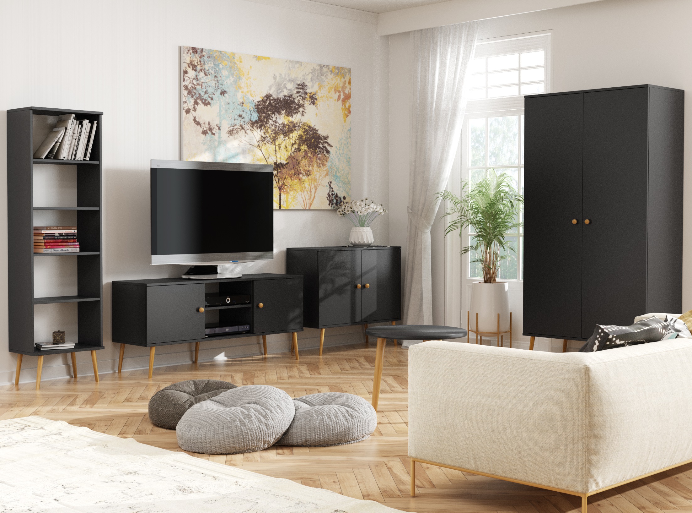 Czarna komoda do salonu skandynawska z półkami - zdjęcie produktu