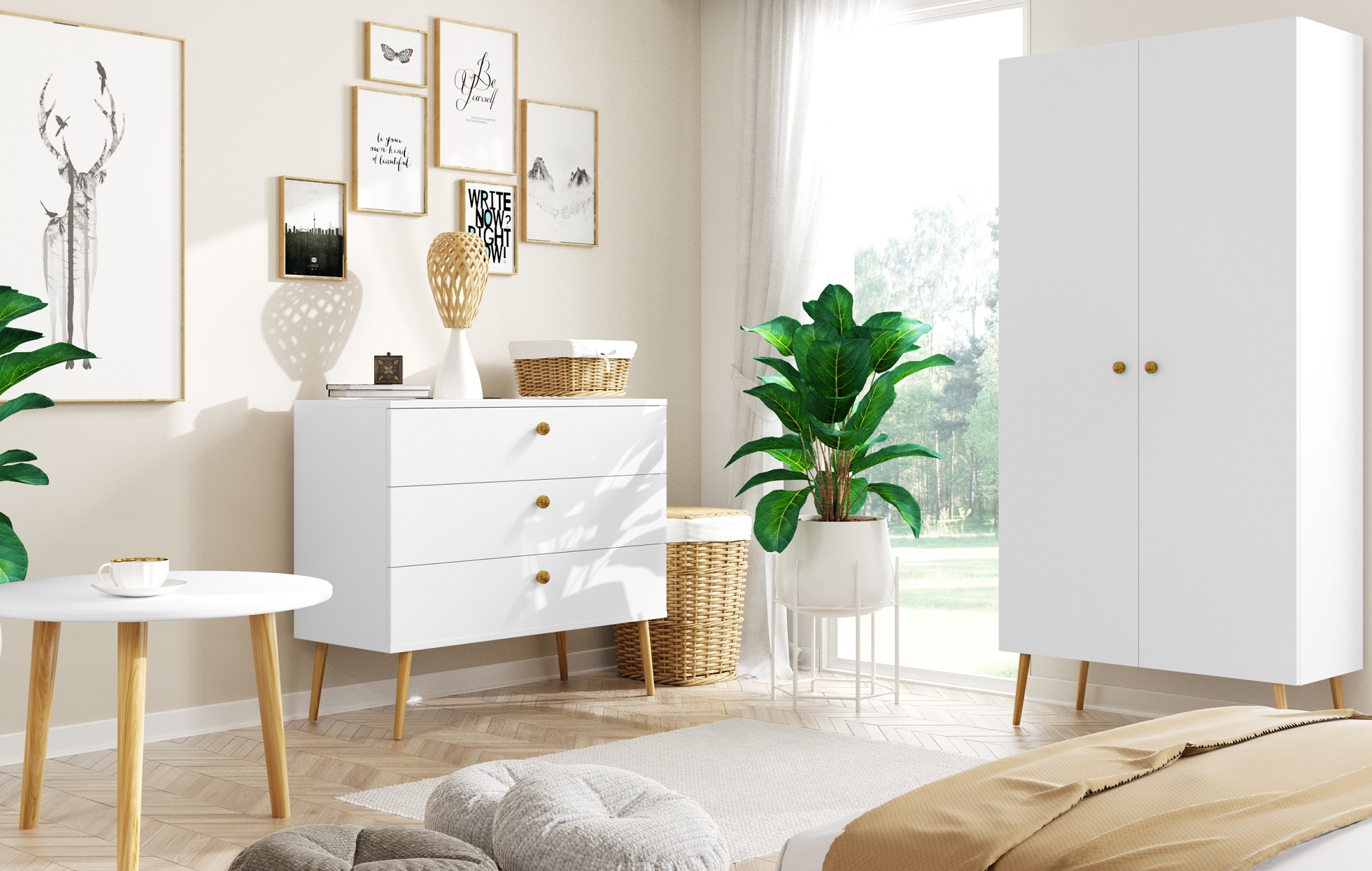 Komoda biała z szufladami styl Skandynawski Boho drewniane nóżki - zdjęcie produktu