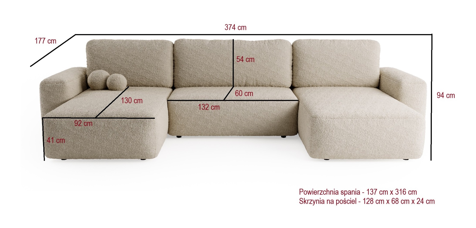 ILO Nowoczesny Narożnik w kształcie U z pojemnikiem na pościel i funkcja spania Boucle - zdjęcie produktu