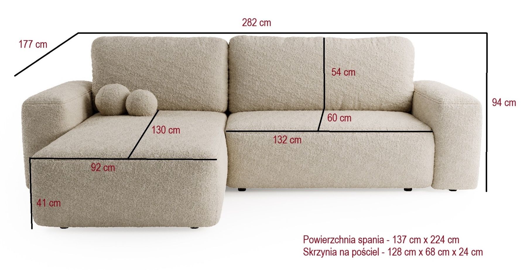 ILO Nowoczesny Narożnik L z funkcją spania i pojemnikiem na pościel tkanina Boucle - zdjęcie produktu